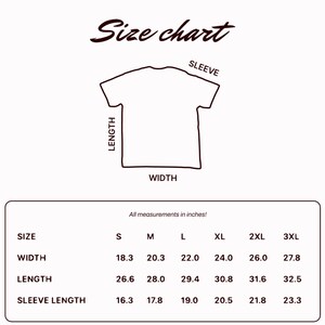 May include: A white t-shirt size chart with measurements in inches. The chart shows width, length, and sleeve length for sizes S to 3XL. The text "Size chart" is at the top of the image.