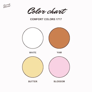 May include: A color chart with the text "Color chart" and "Comfort Colors 1717". The chart displays four color swatches: white, yam, butter, and blossom, each labeled below.