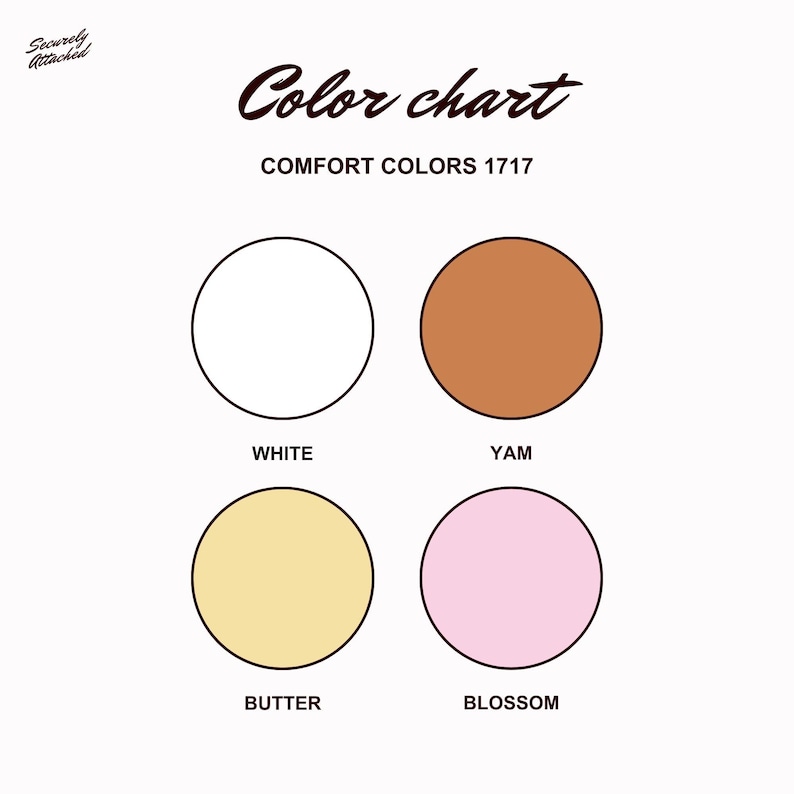 May include: A color chart with the text "Color chart" and "Comfort Colors 1717". The chart displays four color swatches: white, yam, butter, and blossom, each labeled below.