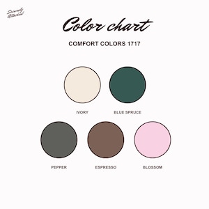 Puede incluir: Una carta de colores para Comfort Colors 1717 con cinco muestras circulares etiquetadas como Ivory, Blue Spruce, Pepper, Espresso y Blossom. El texto Securely Attached aparece en la esquina superior izquierda sobre el t&iacute;tulo Color chart.