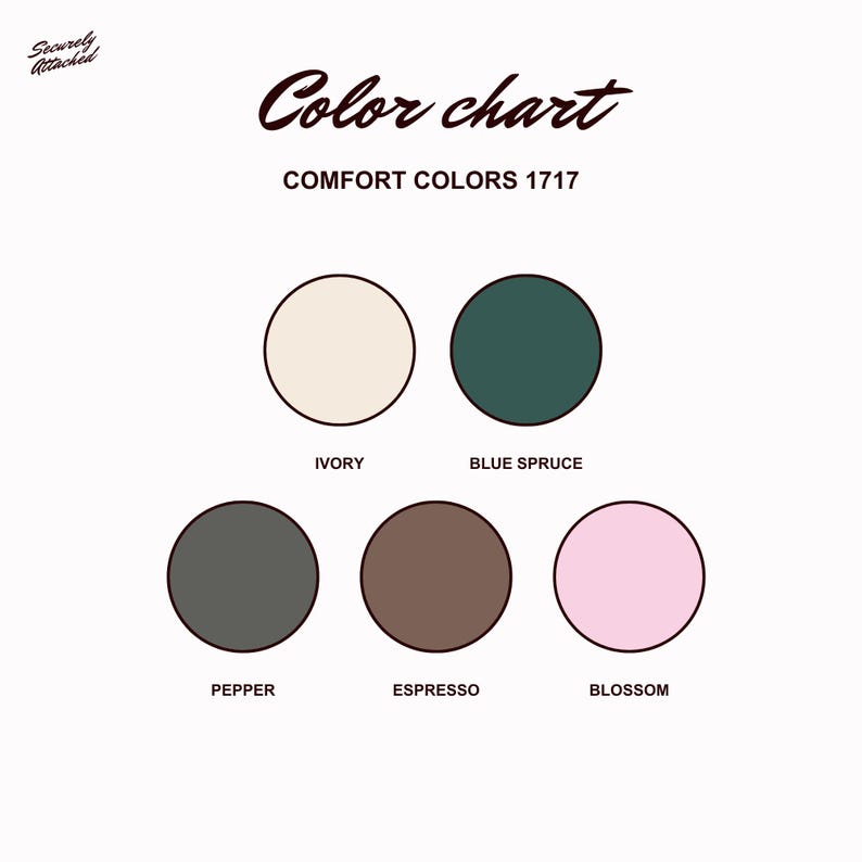 Puede incluir: Una carta de colores para Comfort Colors 1717 con cinco muestras circulares etiquetadas como Ivory, Blue Spruce, Pepper, Espresso y Blossom. El texto Securely Attached aparece en la esquina superior izquierda sobre el t&iacute;tulo Color chart.