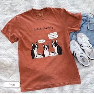 May include: A rust-colored t-shirt with the text "The Boston Tea Party" and a cartoon of three Boston Terriers with teacups. The dogs are in a conversation bubble that says "Did you guys hear what Stan did at the dog park?"