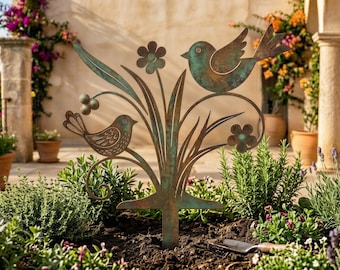 Paletto da giardino rustico per uccelli, decorazione floreale in metallo per il giardino, scultura rustica in metallo a forma di uccello per il giardino, ornamento artistico da giardino, decorazione in metallo per vasi