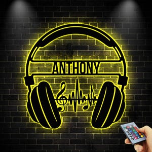 Custom  DJ Studio and Club Decor,Headphones Metal Wall Art with LED Lights, Music Lover Decor, Music Lover Gift, Headphones Name Sign,