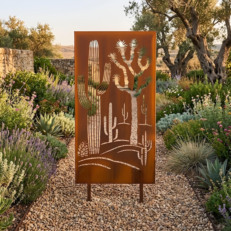 Desert Cactus Garden Panel, Rustic Metal Yard Stake, Outdoor Southwest ...