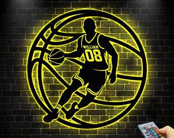 Custom Basketball Metal Wall Art With LED Light, Sports Wall Decor, Athlete Gift, Gift from Coach, Boys Room Decor,Birthday Gift