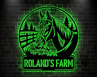 Personalisierte Pferdefarm Zeichen LED-Licht, Pferdehof Zeichen, Pferdename Zeichen, Reiter im Freien Dekor, Pferdeliebhaber Geschenk, Pferdezüchter Geschenk