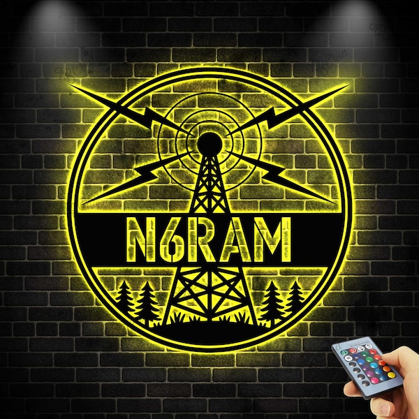 Letrero metálico LED personalizado para radioaficionados, arte mural metálico para radioaficionados, indicativo de llamada personalizado, indicativo de llamada para radioaficionados, decoración de estaciones de radio, arte mural para casetas de radioaficionados