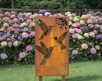 Metal Hummingbird Garden Panel, Bird Yard Art Stake, Outdoor Garden Decoration, Rustic Yard Art Panel, Metal Bird Garden Stake