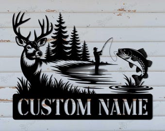 Custom Fishing and Hunting Metal Sign,Deer and Fish Wall Art,Cabin Lake House Decor,Man Cave Decor, Dad Gift