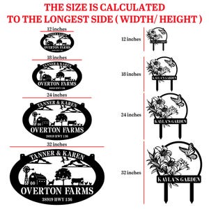 Pu&ograve; includere: Cartelli in metallo nero a tema fattoria e giardino. I cartelli della fattoria, etichettati "Overton Farms", sono disponibili nelle misure di 30, 45, 61 e 81 cm. I cartelli del giardino, etichettati "Kayla's Garden", sono disponibili nelle misure di 30, 45, 61 e 81 cm.