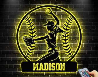 Custom Softball Player Sign with LED Lights, Baseball Metal Sign, Softball Player Name Sign, Sports Name Sign, Baseball Player Gift,