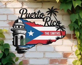 Decorazione murale personalizzata con bandiera di Porto Rico, insegna in metallo di Porto Rico, insegna con mappa di Porto Rico, insegna da parete in metallo con mappa dell'isola, insegna con casa di Porto Rico