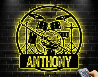 Personalisiertes Drummer Namensschild mit LED-Licht, Drummer's Room Decor, Musik Liebhaber Geschenk, Drummer Name Schild,