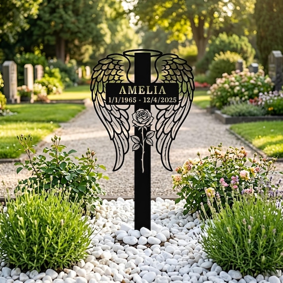 Personalized Angel Wings Memorial Stake, Custom Metal Grave Marker With Name Dates, Cross Rose Cemetery Sign