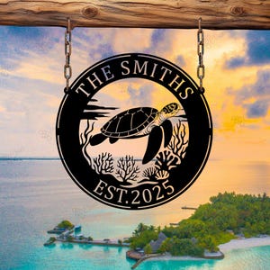 Personalized Sea Turtle Metal Name Sign, Custom Sea Turtle Monogram Metal Wall Art, Coral Sea Turtle Lake House Metal Wall Decor