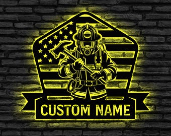 Letrero metálico de bombero personalizado con luces LED, regalo para bombero, decoración para bombero, letrero para bombero, decoración para departamento de bomberos