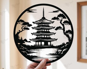Japanese Metal Art, Japanese Pagoda Sign, Bonsai Tree Metal Wall Art, Japanese Decor, Meditation Room Decor, Japanese Art, Temple Art