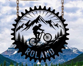 Art mural métal personnalisé motard, déco VTT, enseigne murale motard, cadeau VTT, déco montagne