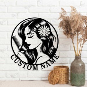 Placa personalizada para salão de cabeleireiro com nome, decoração para salão de cabeleireiro, placa de parede de metal para salão de beleza, presente personalizado para salão de cabeleireiro com nome, decoração para cabeleireiro