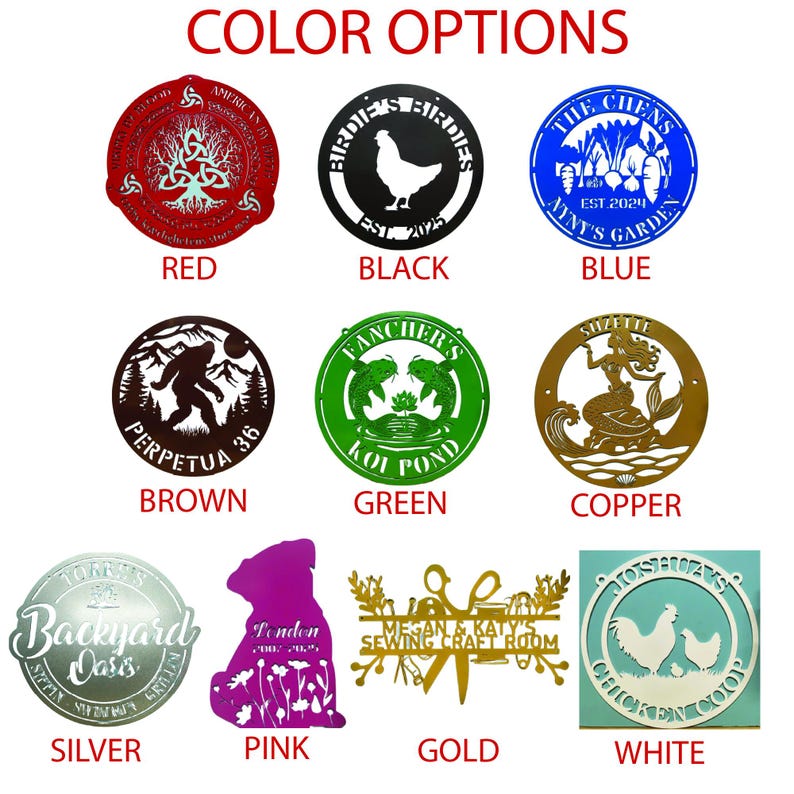 Pu&ograve; includere: Una collezione di insegne in metallo in vari colori, tra cui rosso, nero, blu, marrone, verde, rame, argento, rosa, oro e bianco. Ogni insegna presenta design unici, come un albero, un pollo, verdure, una sirena e un cane.