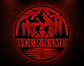 Personalized Hiking Metal Sign LED Light, Mountain Hiker Sign, Hiking Sign, Hiker Gift Idea, Outdoor Lover Gift