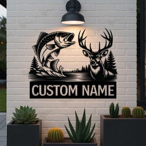 Custom Personalized Hunter Wall Art,Fishing Hunting Scene Wall Sign,Fishing and Deer Sign,Hunter Gift,Lake House Decor, Deer  Bass Metal Art