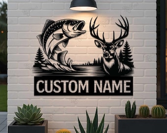Custom Personalized Hunter Wall Art,Fishing Hunting Scene Wall Sign,Fishing and Deer Sign,Hunter Gift,Lake House Decor, Deer  Bass Metal Art
