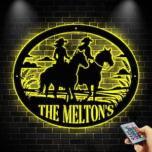 Cowboy Cowgirl Metall Wand Kunst Led Licht, Cowboy Paar Metallschild, Benutzerdefinierte Familienname Zeichen, Housewarming Geschenk, Jubiläumsgeschenk