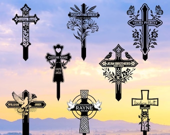 May include: A collection of black metal memorial crosses with various designs. Some crosses feature floral and bird motifs, while others include personalized text such as names and dates. The text "UP TO 25 DESIGN" is displayed at the top.
