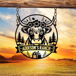 Custom Highland Cow Metal Farm Sign,  Highland Ranch Sign, Highland Ranch Name Sign, Highland Outdoor Barn Decor, Farmhouse Sign