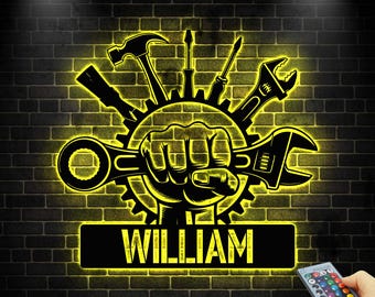 Personalized Garage Name Sign with LED Light, Garage Wall Art, Garage Metal Sign, Workshop Decor, Garage Decor, Dad Gift