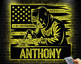 Custom Welder Name Sign With Led Light,American Flag Welder Decor,Welding Lover Gift,Welding Sign,Welding Light for Garage or Shop,
