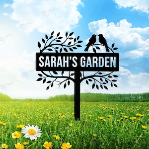 Personalized Garden Metal Stake with Flowers And Bird, Custom Garden Stake, Metal Garden Sign, Gardener Name Sign, Metal Stake Yard Decor