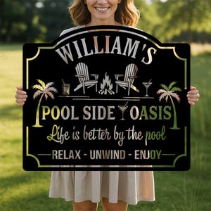 Custom Backyard Pool Sign,Poolside Name Sign,Poolside Oasis Custom Name Sign,Poolside Metal Decor,Oasis Metal Wall Art
