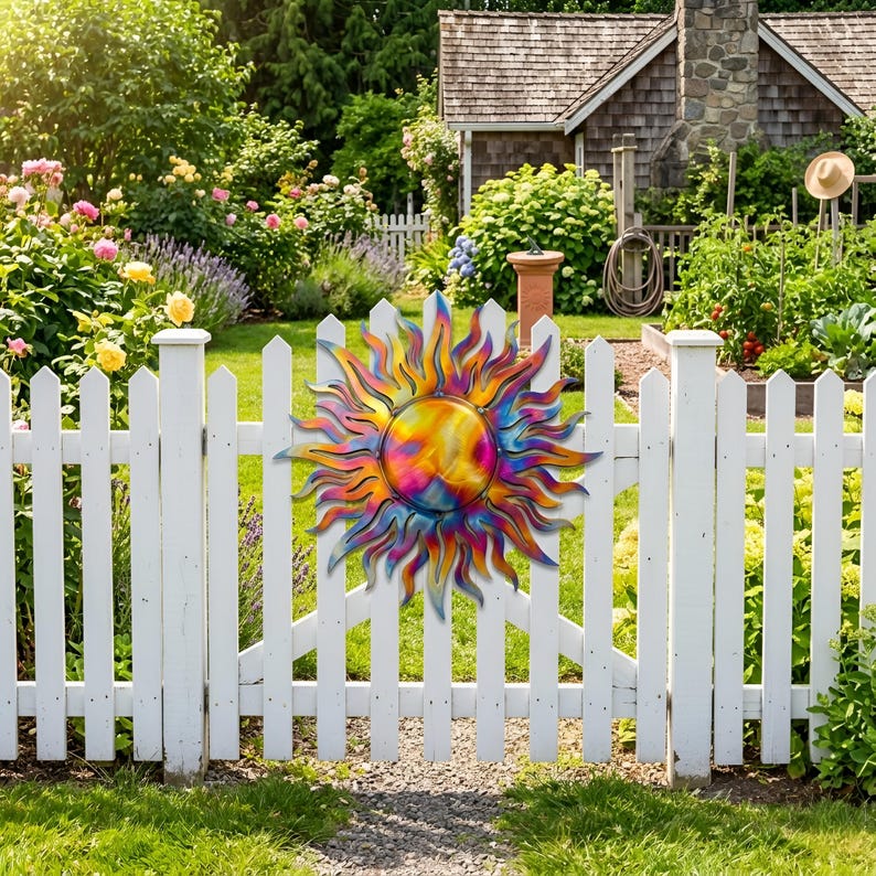 Pu&ograve; includere: Una decorazione a forma di sole in metallo colorato &egrave; montata su una staccionata bianca. Il sole presenta un design multicolore con sfumature di giallo, arancione, rosa e blu. Lo sfondo mostra un rigoglioso giardino con fiori e una casa.