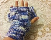 Purple Iris and White Fingerless Gloves, Handwarmers, Wristwarmers - Hand Knitted