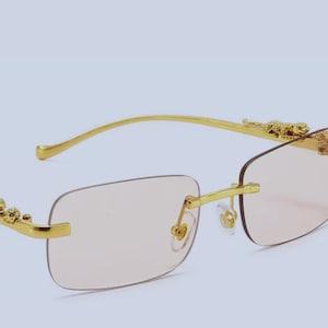 Rimless Rectangle Vintage Metal candy colored, Leopard Head Sunglasses. Fashion Frameless Tinted Glasses Shades for Women Men