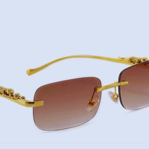 Rimless Rectangle Vintage Metal candy colored, Leopard Head Sunglasses. Fashion Frameless Tinted Glasses Shades for Women Men