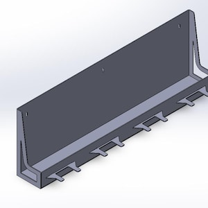 May include: A gray, rectangular wall-mounted organizer with a shelf and several downward-facing hooks. The design is simple and functional, suitable for storing tools or other items. The organizer is made of a solid material.