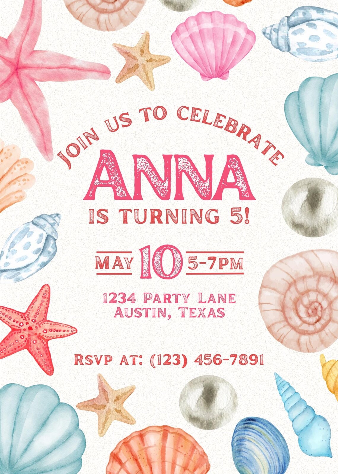 Summer Shell Birthday Invitation Template – Editable Seashell Beach ...