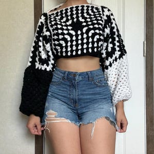 Crochet Checkered Sweater, Granny Square Sweater, Black and White Crochet Cropped Sweater, Cute Crochet Sweater