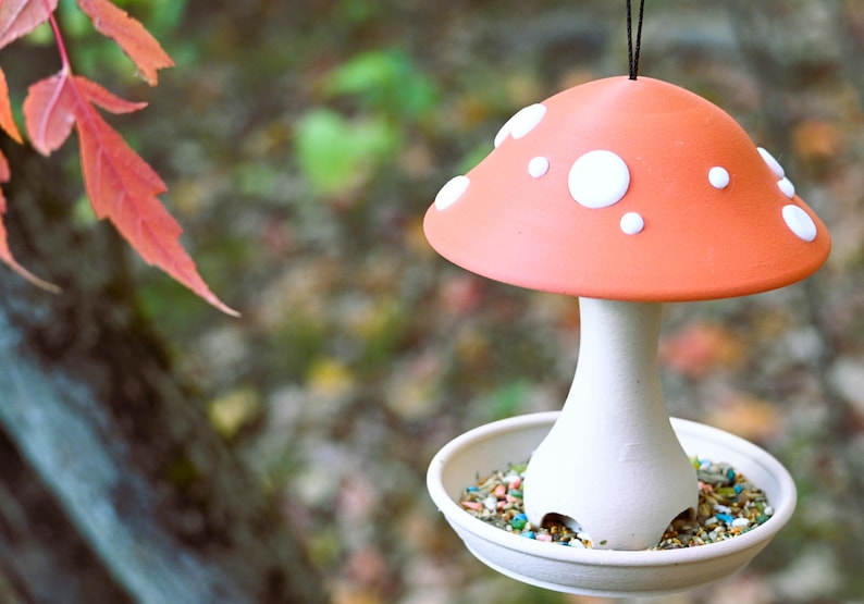 Mushroom Bird Feeder | Custom Toadstool Garden Decor, Made to Order, Bird Lover Gift Orange