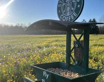 Starbeaks Fly-Thru Bird Feeder - Unique Coffee Themed Hanging Wood Garden Decor