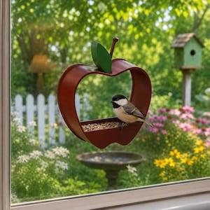 May include: A red apple-shaped bird feeder with a green leaf accent attached to a window. A small black, white, and tan chickadee is perched on the horizontal feeding tray, which is filled with a variety of small seeds and grains for birds.