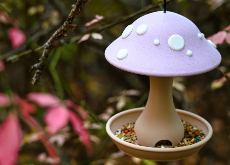 May include: A hanging bird feeder shaped like a mushroom with a textured lavender cap featuring white circular spots. The stem is a smooth light beige color, and the base is a wide, shallow tray filled with a variety of small bird seeds.