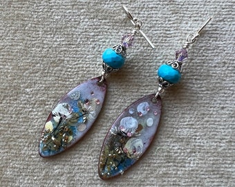 Enameled Charms, Turquoise, Swarovski Crystals, Sterling Silver Earrings E8027