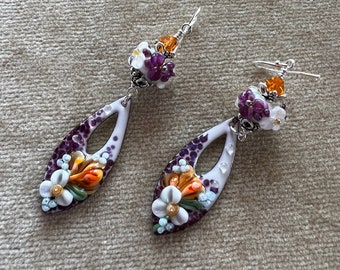 Purple and Orange Enameled Copper and Lampwork Flower Beads, Swarovski Crystal Long Earrings E8042