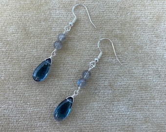 Blue Flashing Labradorite Round Gemstones, London Blue Topaz Quartz, Sterling Silver Earrings E4081