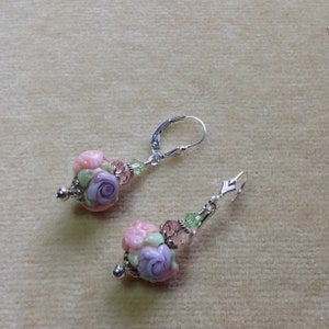 Artisan Raised Peach and Lilac Roses, Mint Leaves, Swarovski Crystals, Sterling Silver Earrings E1179